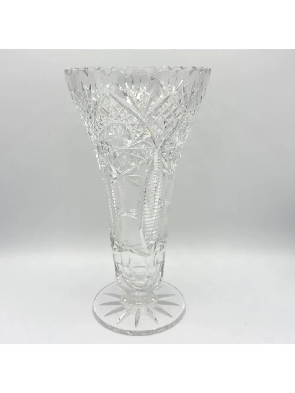 Vintage American Brilliant Cut Glass Trumpet Vase Hobstar 10
